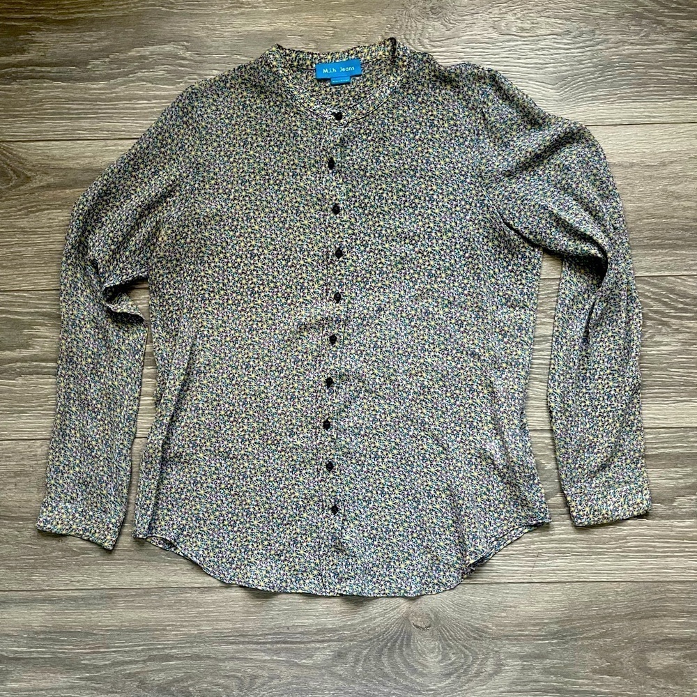 M.i.h. Jeans 100% Silk Long Sleeve Purple Yellow Floral Button Down Shirt Size M